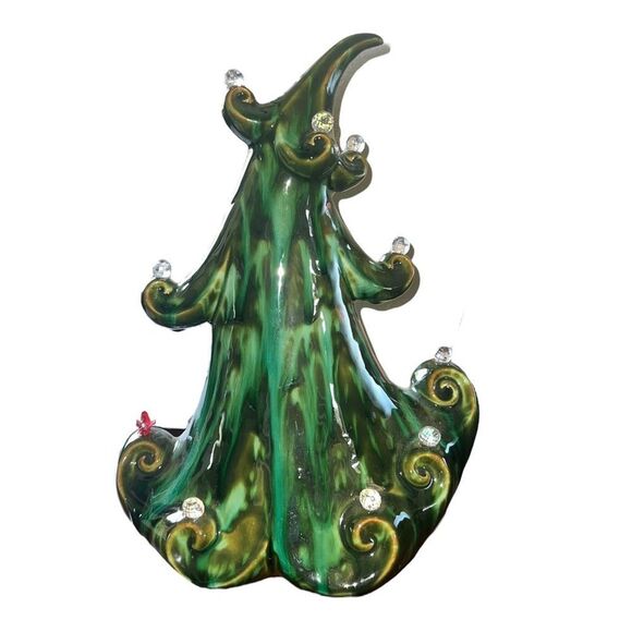 Glazed Ceramic Green Jolly Christmas Tree w/ Red Bird & Clear Ornaments EUC - Picture 3 of 8